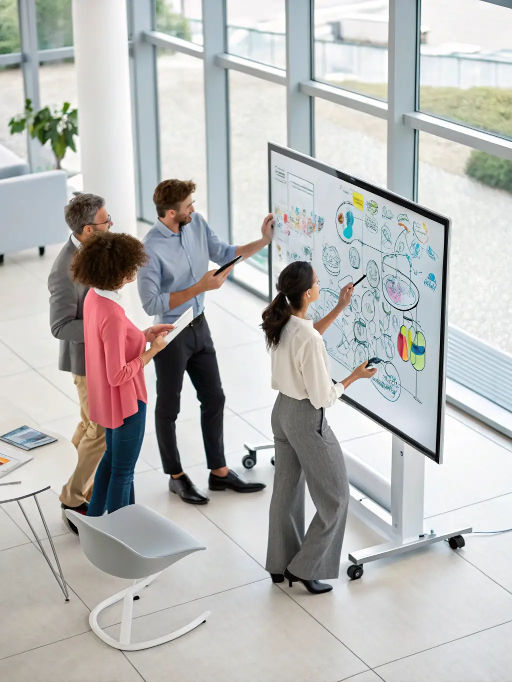 A diverse team brainstorming around a whiteboard covered with diagrams illustrating AI-driven process optimization within a manufacturing plant.