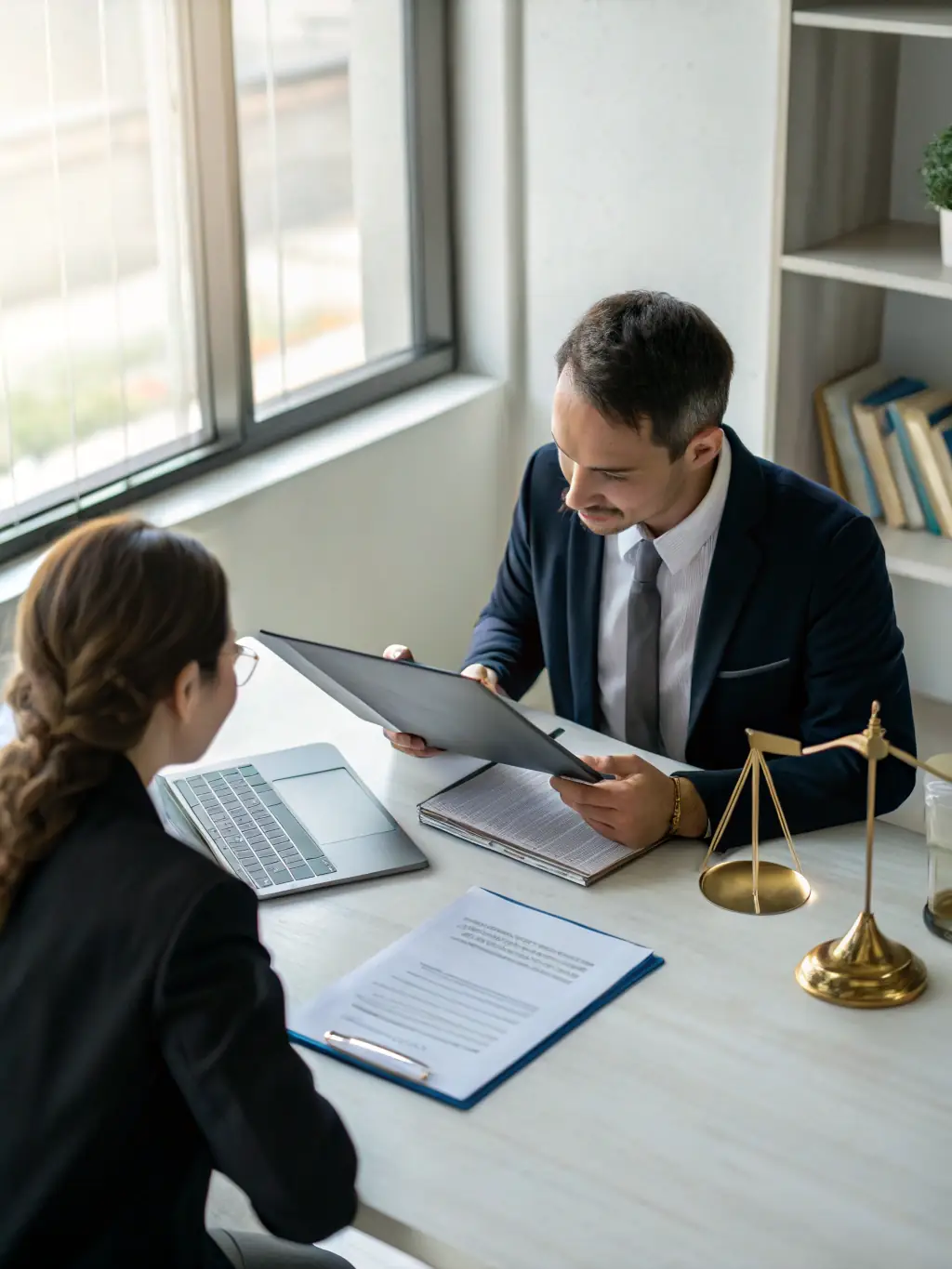A professional real estate advisor sitting at a desk, reviewing trust documents with a client in a well-lit office, emphasizing the importance of strategic planning.