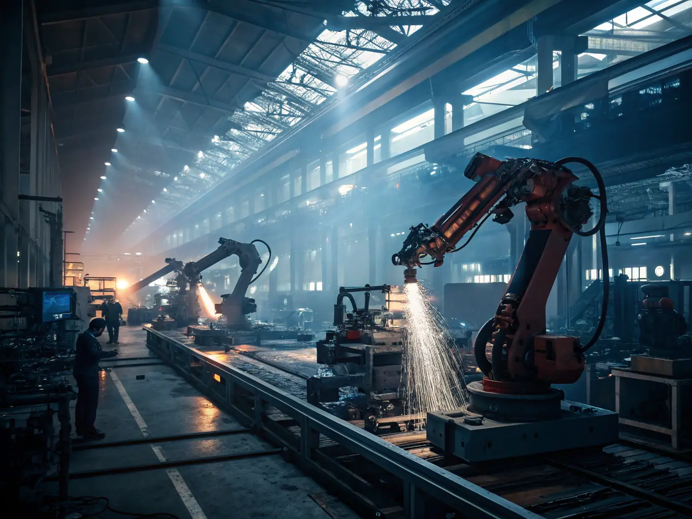 A modern factory floor with automated robots performing tasks, showcasing operational modernization and efficiency gains through AI.