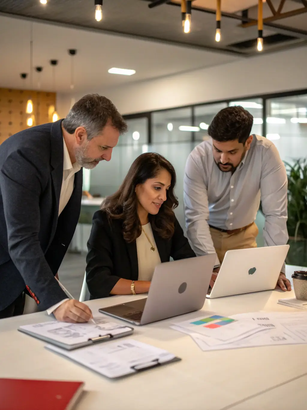 A blurred background of a confidential meeting in a modern office, with two people discussing sensitive documents, representing the discretion ARH provides.