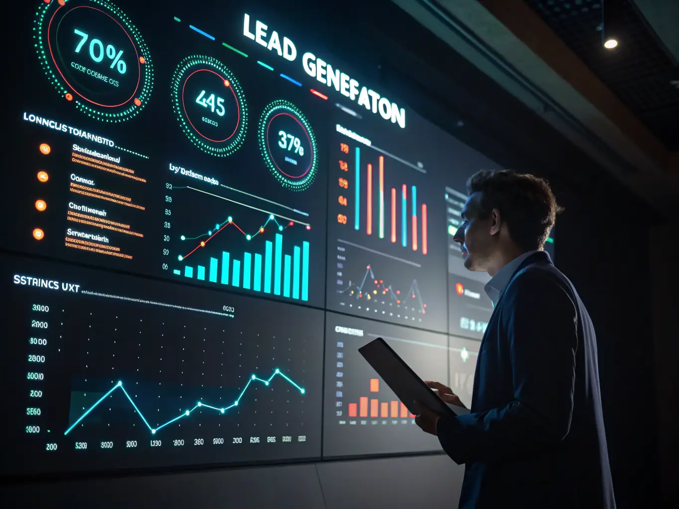 A digital illustration representing AI lead qualification systems for a law firm, with automated lead scoring, predictive analytics, and targeted marketing strategies.