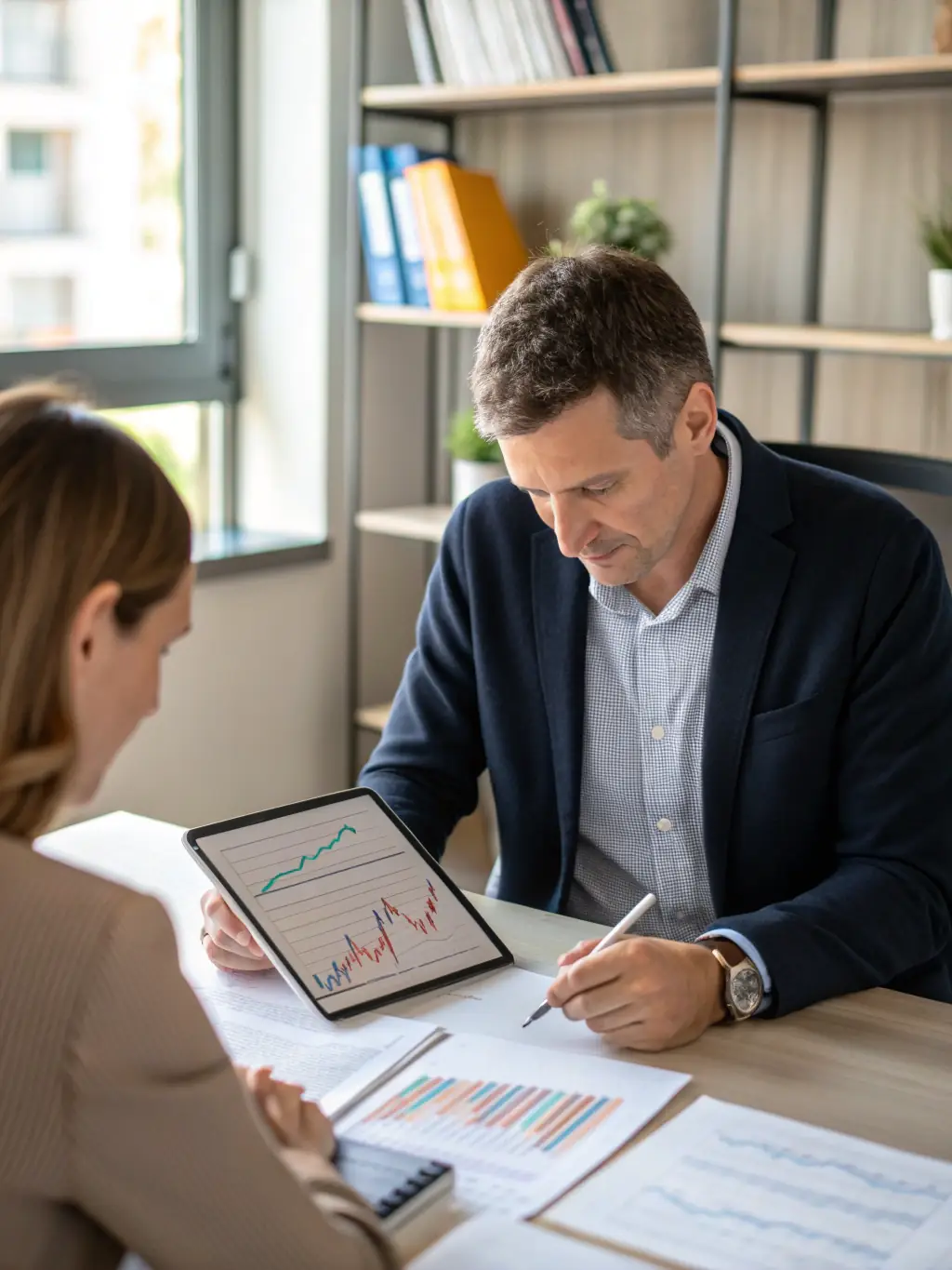 A fiduciary using the Fiduciary Intelligence System to analyze complex financial data and make informed decisions, with AI-driven insights displayed on the screen.