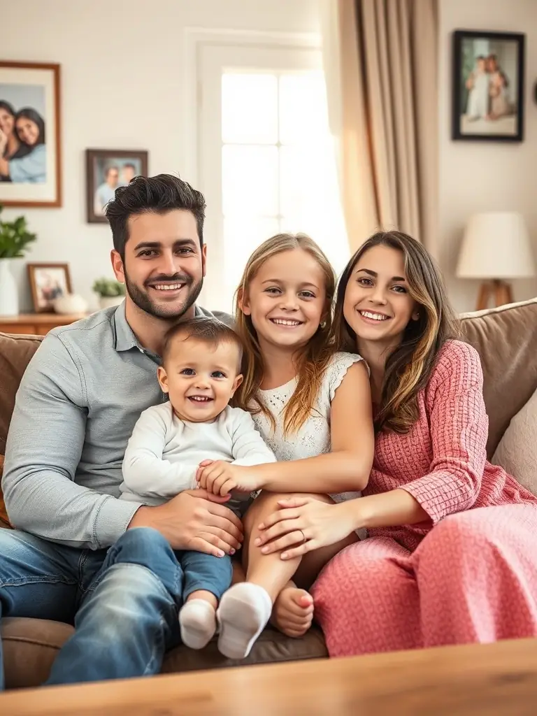 A serene image of a family gathered in a sunlit living room, symbolizing inheritance planning and the transfer of generational wealth.