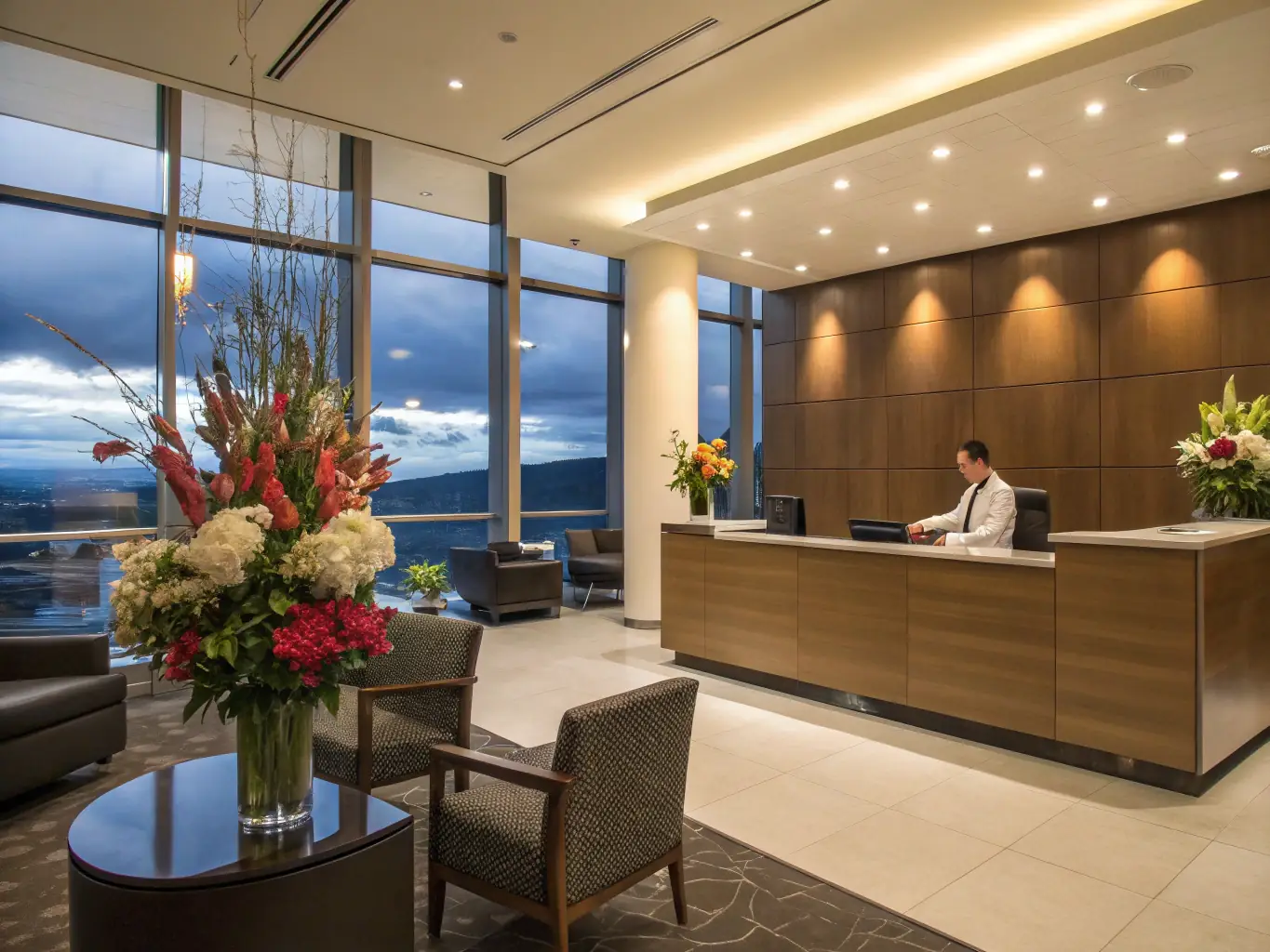 An image depicting a welcoming reception area in a law firm, with a friendly receptionist greeting a client, emphasizing the importance of client intake.