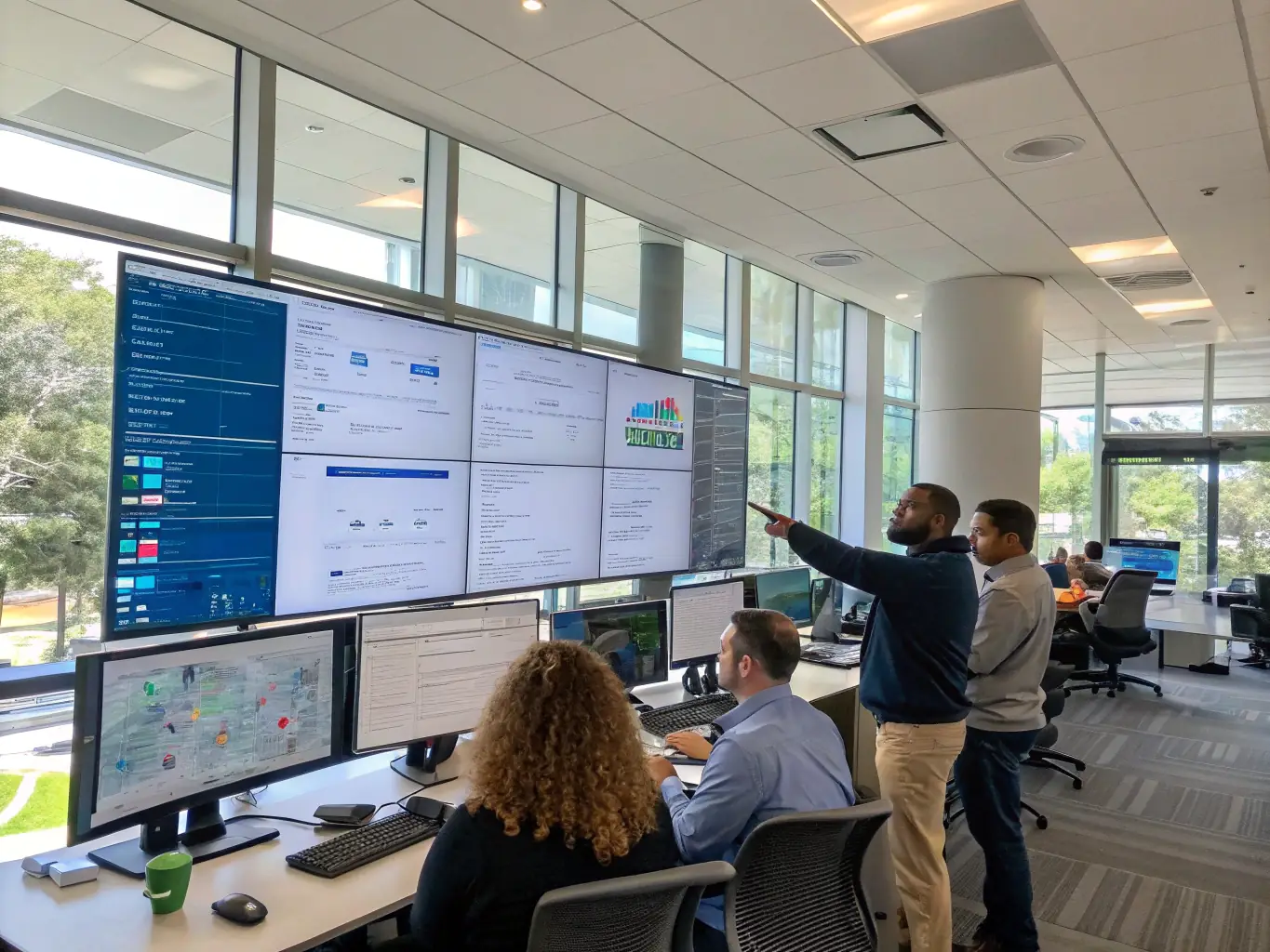 A brightly lit, modern office space with employees collaborating around a large interactive display showcasing data analytics and workflow diagrams, symbolizing improved efficiency.