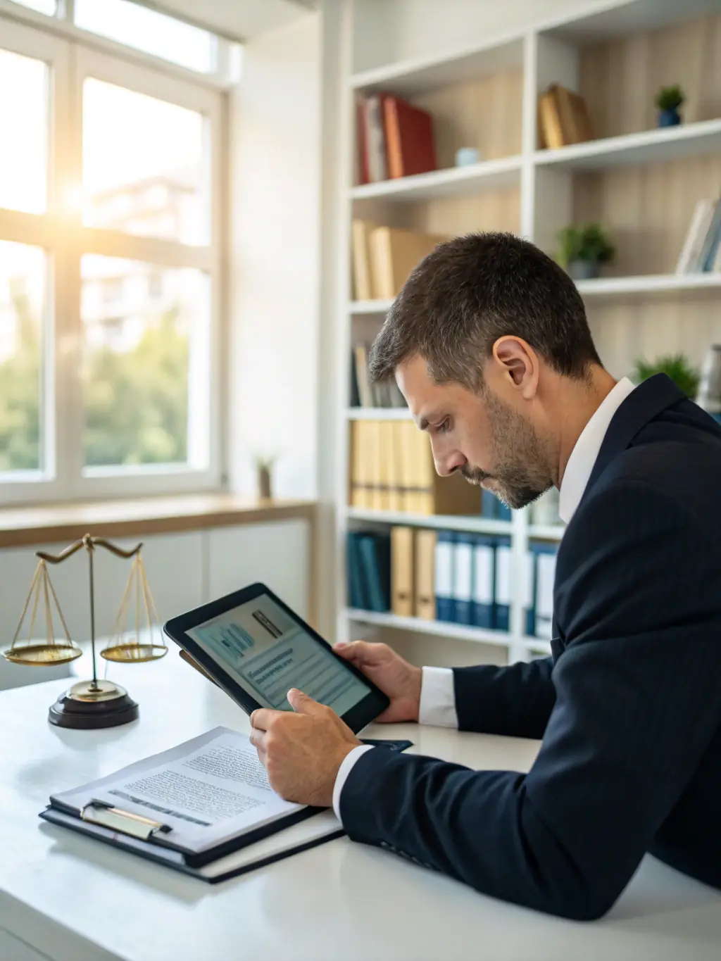 A modern law firm office with AI-powered legal research software displayed on a large screen, showcasing efficient data analysis and case management.