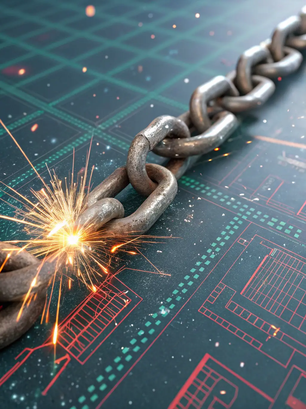A graphic showing a broken chain or a system failure, symbolizing operational risks that can arise from AI malfunctions or vulnerabilities.