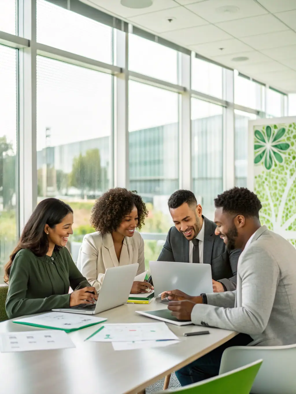A brightly lit modern office space with employees collaborating around a table, showcasing improved efficiency and teamwork.