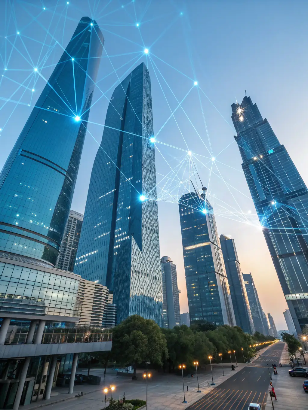 A futuristic cityscape with interconnected nodes representing AI networks, symbolizing strategic AI integration and modernization, with a focus on innovation and progress.