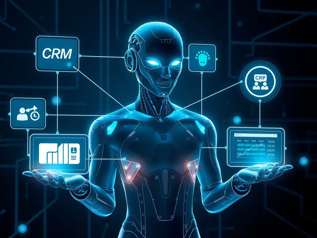 A digital illustration depicting an AI brain integrated with a real estate CRM interface, showcasing automated lead nurturing and data analysis.