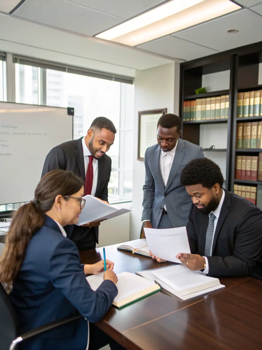 A diverse team of lawyers collaborating on a client strategy, showcasing improved client acquisition through strategic consulting.