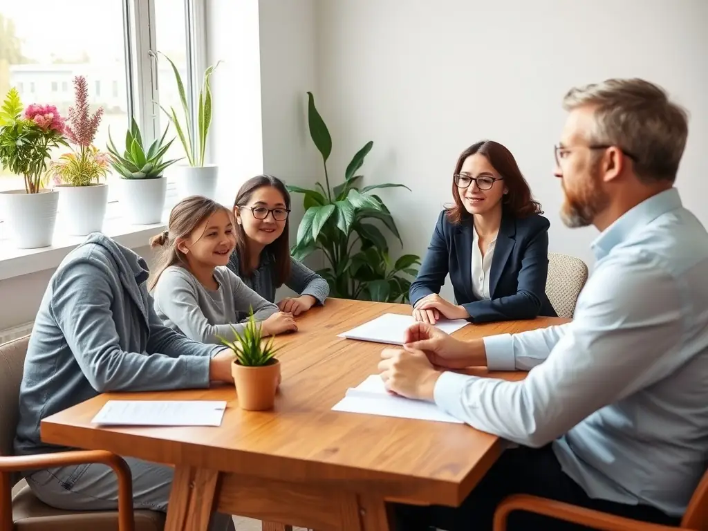 A professionally staged photograph of a family gathered around a table, reviewing financial documents with a wealth advisor in a modern office setting, symbolizing life insurance strategies.