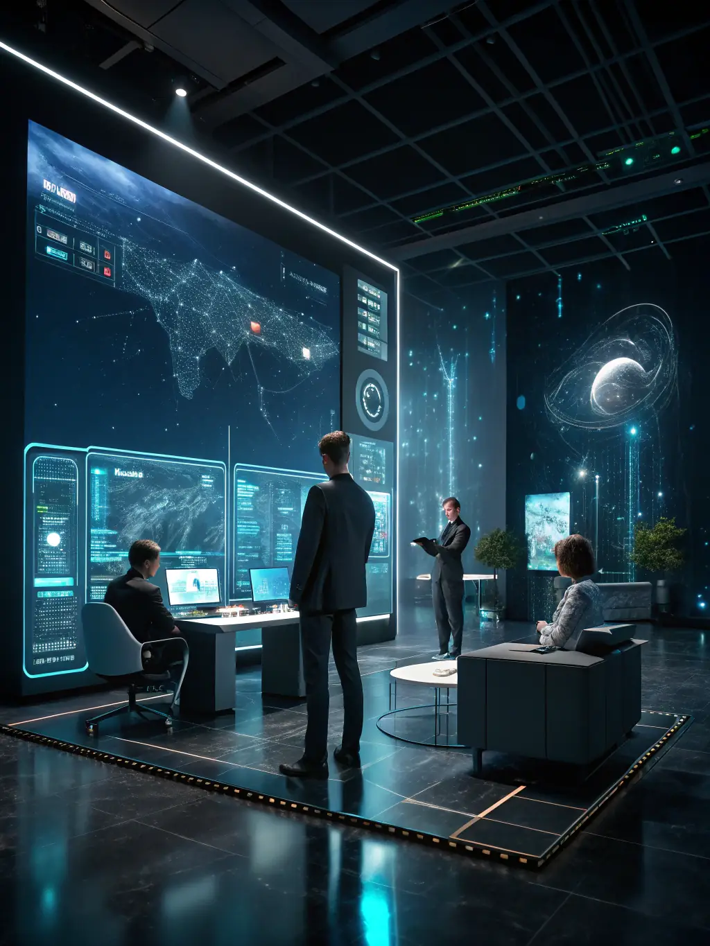 A futuristic interface displaying AI-driven solutions integrated into business processes, representing modernized operations.