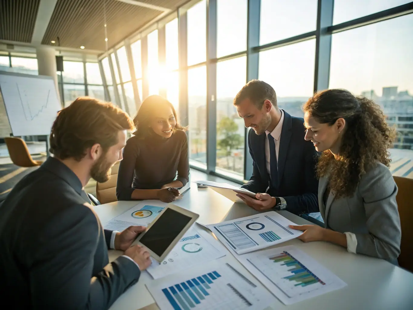 A professional business setting with consultants analyzing website data on large monitors, emphasizing AI visibility audits.