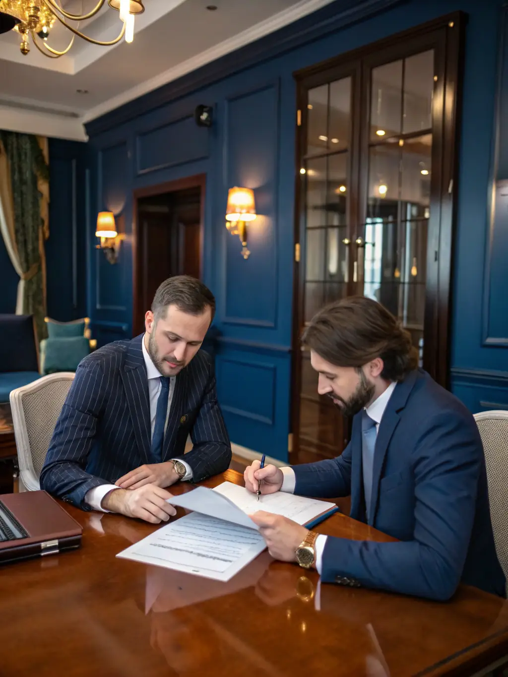 A consultant in a modern office setting, reviewing a detailed business process diagram with a client, highlighting areas for AI integration and optimization.