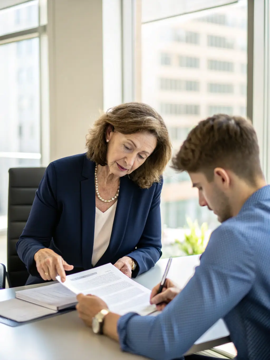 A photo of a trust and estate counsel in a meeting, reviewing documents with a client, showcasing their dedication to secure estate planning.
