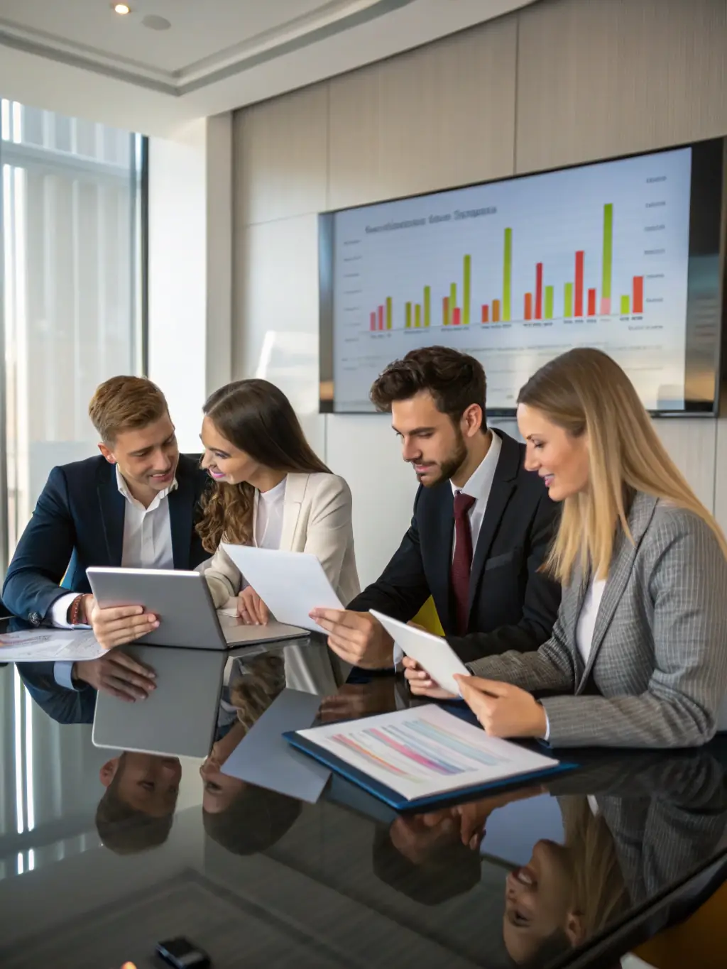 A professional image of a team of advisors in a meeting, discussing strategies for generational wealth transfer with a family.