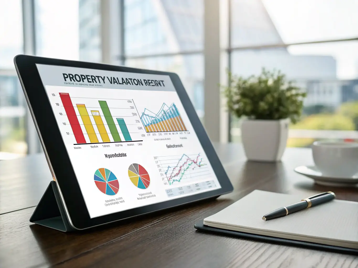 An artistic rendering of a property valuation report with upward trending graphs, overlaid on a blueprint, symbolizing strategic property valuation guidance.