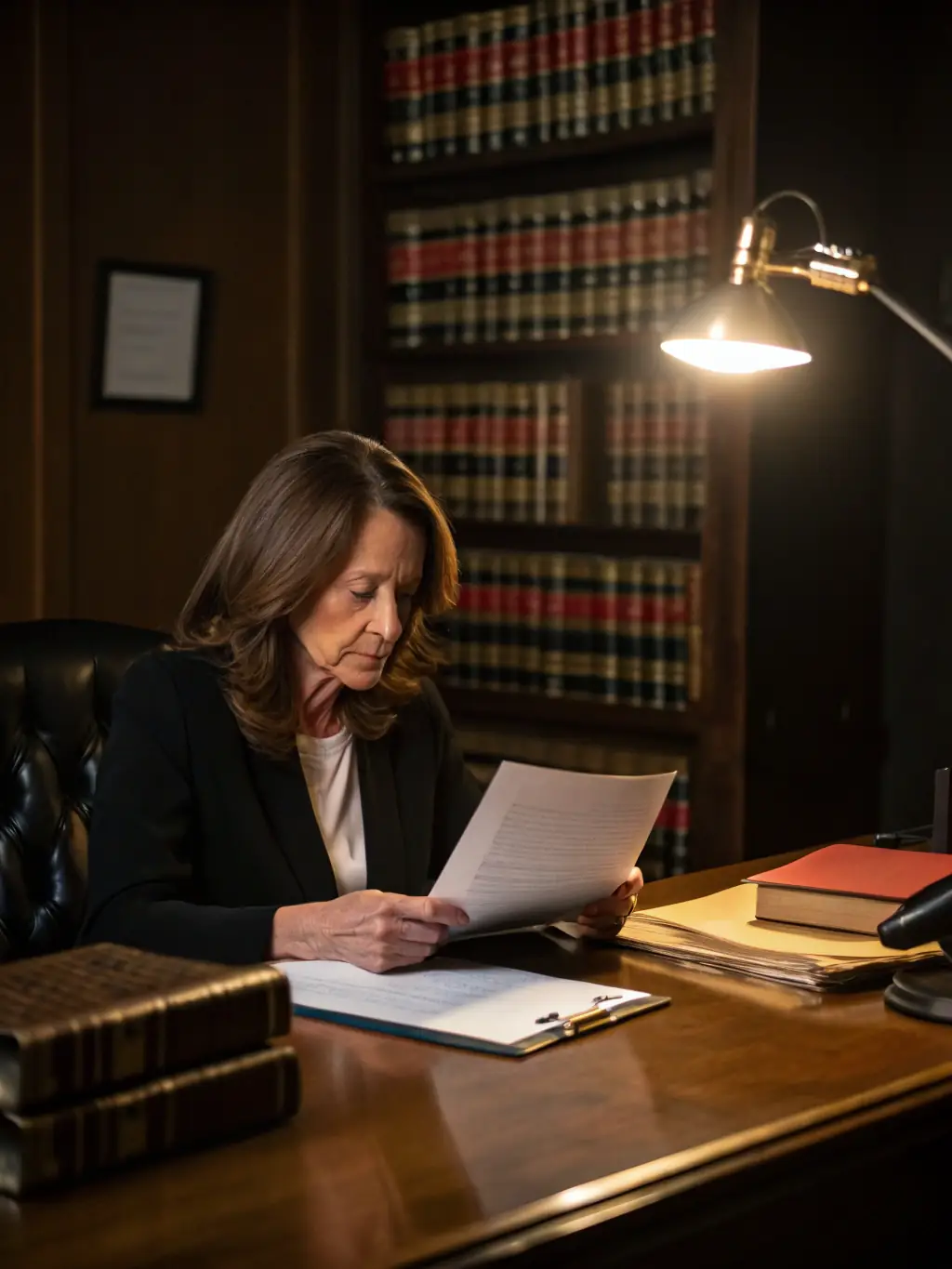 A professional lawyer in a modern office setting, reviewing a detailed strategic plan document with a focused expression, highlighting the benefit of strategic planning for law firm startups.