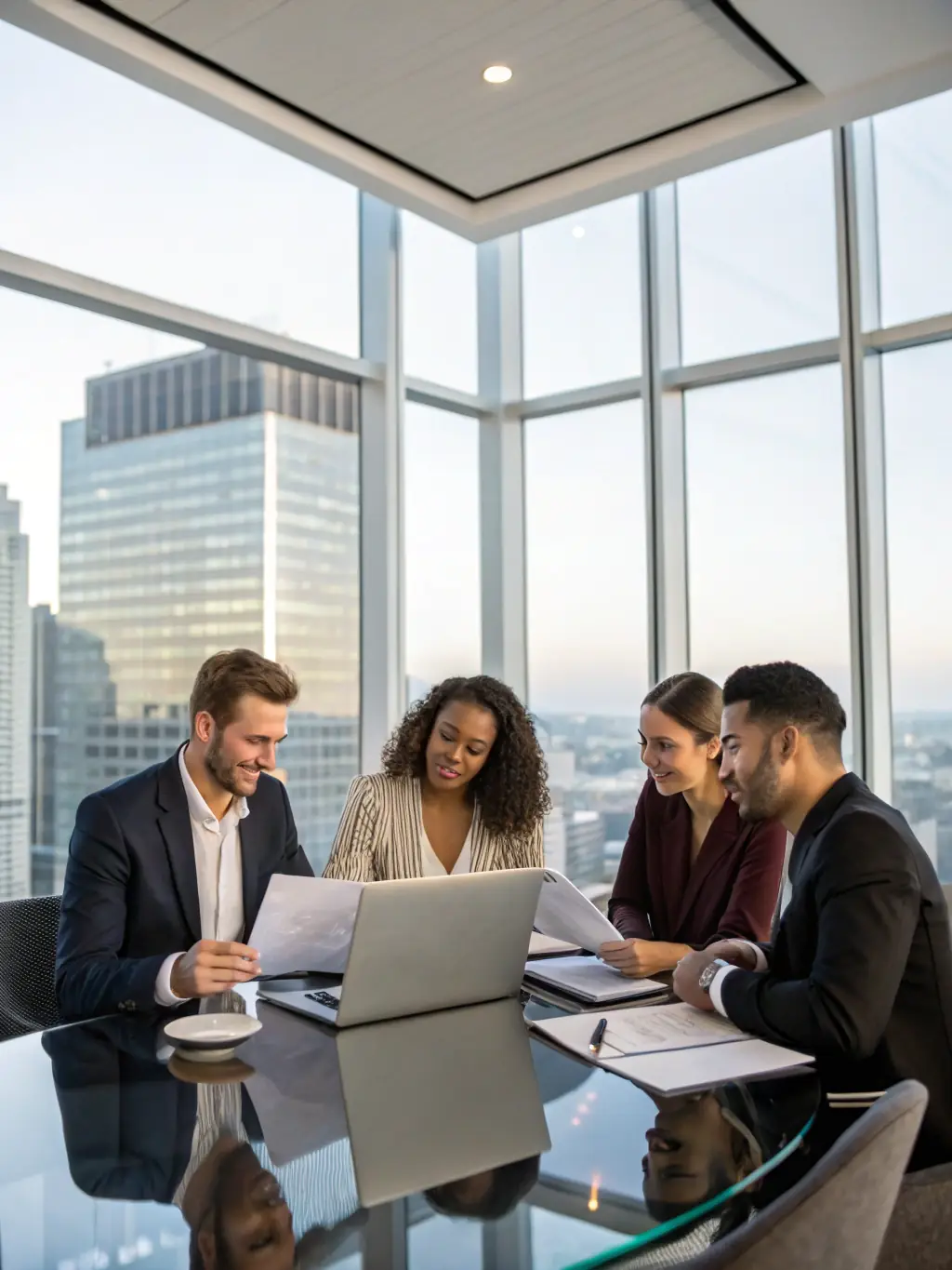 A team of legal and financial professionals is collaborating in a bright, modern office, reviewing case files and discussing strategies for client success.