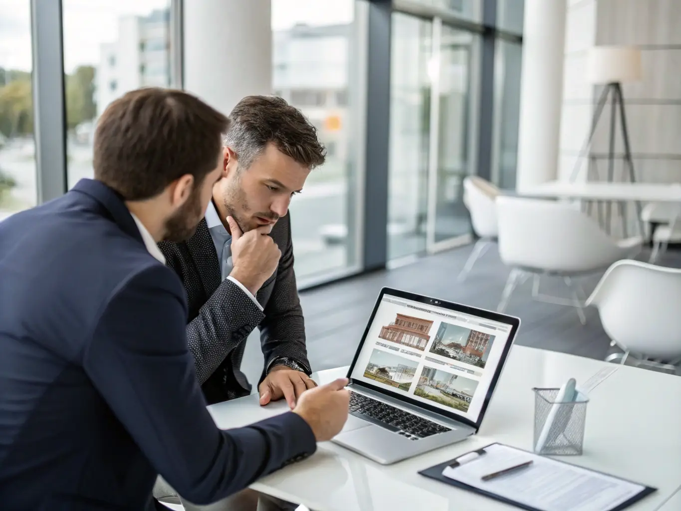 A strategic planning session is underway with a fiduciary and a real estate advisor, reviewing potential investment opportunities and risk mitigation strategies.