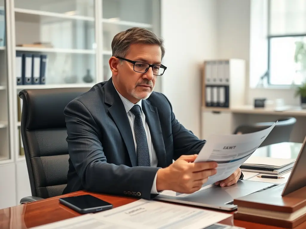 A close-up image of a lawyer reviewing documents with a focused expression, symbolizing meticulous attention to detail and operational excellence.