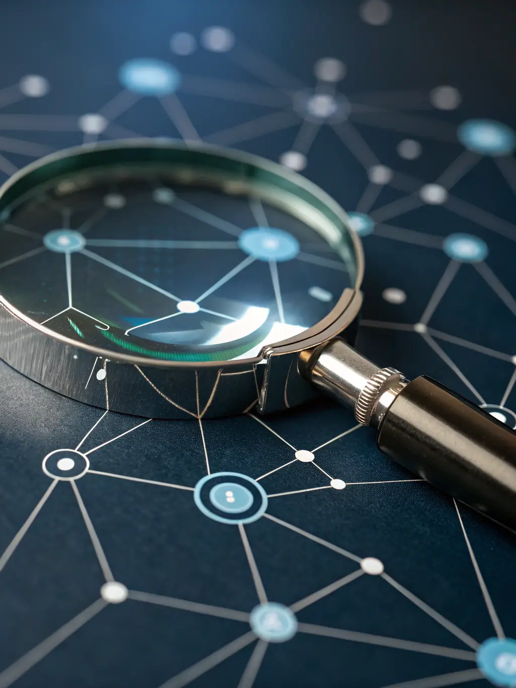 An image representing regulatory oversight, such as a magnifying glass over a complex network diagram, to illustrate the importance of regulatory compliance in AI implementation.