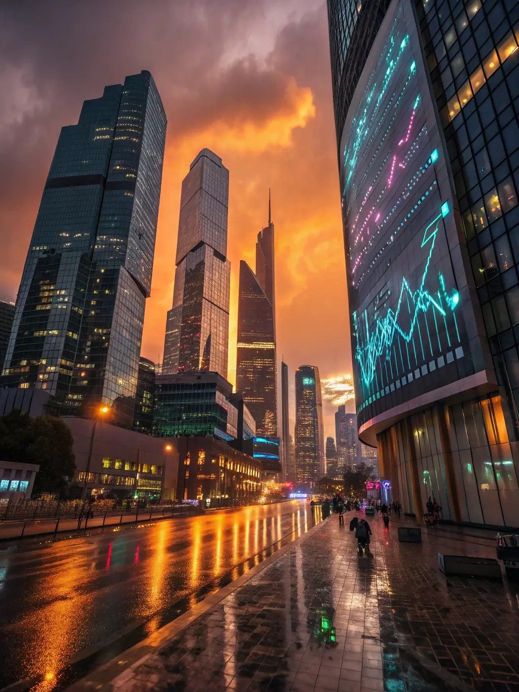 A futuristic cityscape with holographic legal documents floating in the air, illustrating the adaptation to changing technologies in the legal field.