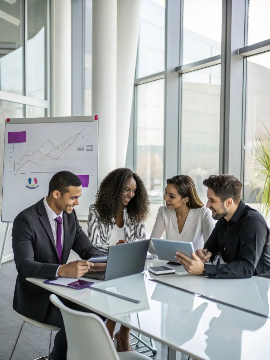 A group of professionals collaborating around a table, reviewing business reports and discussing strategic initiatives, symbolizing effective business coordination.
