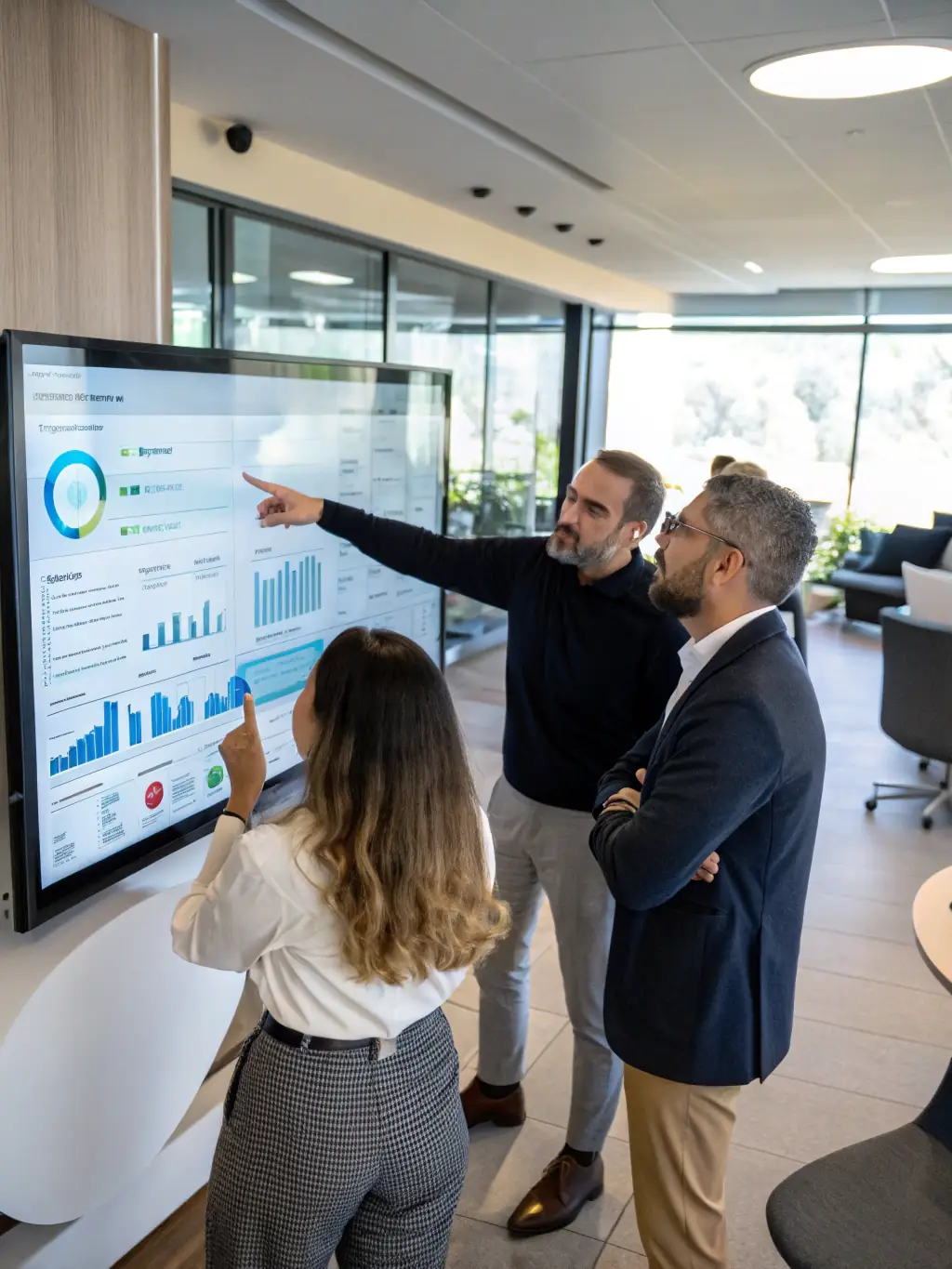 A marketing team analyzing a dashboard displaying AI-driven insights into customer behavior and online engagement, focusing on improved digital visibility.