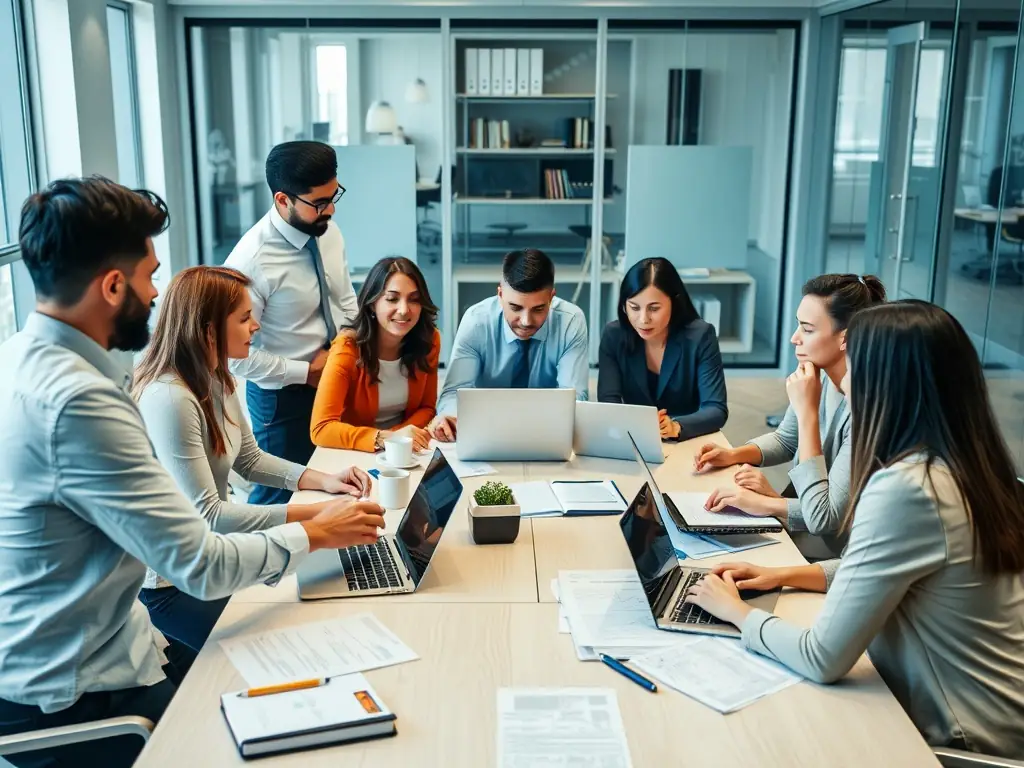 A diverse legal team engaged in a lively discussion around a conference table, brainstorming innovative solutions, with sunlight streaming through the window, symbolizing open communication.
