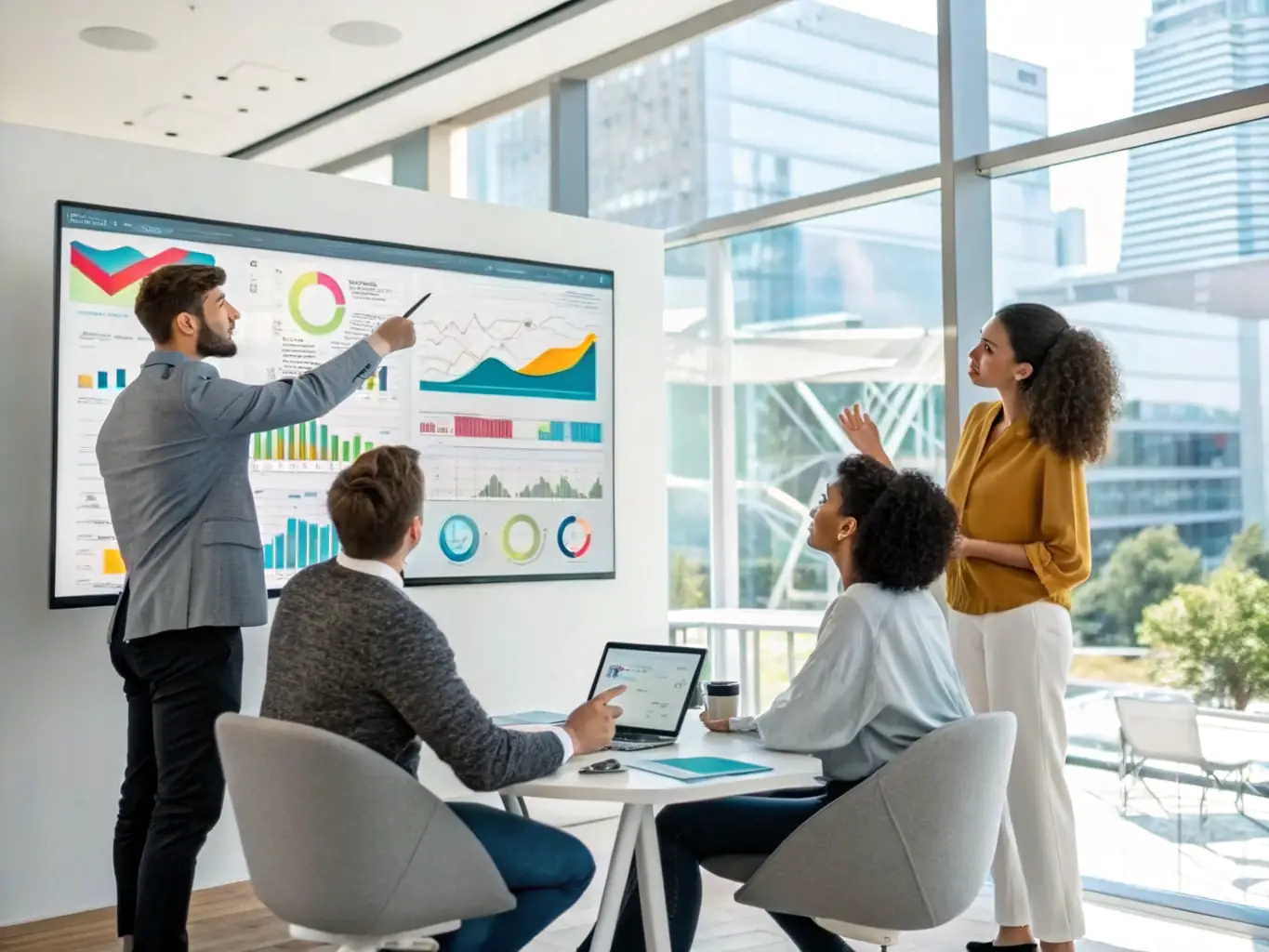 A professional office setting with consultants collaborating around a table, reviewing data on a large screen, symbolizing AI implementation and strategic planning.