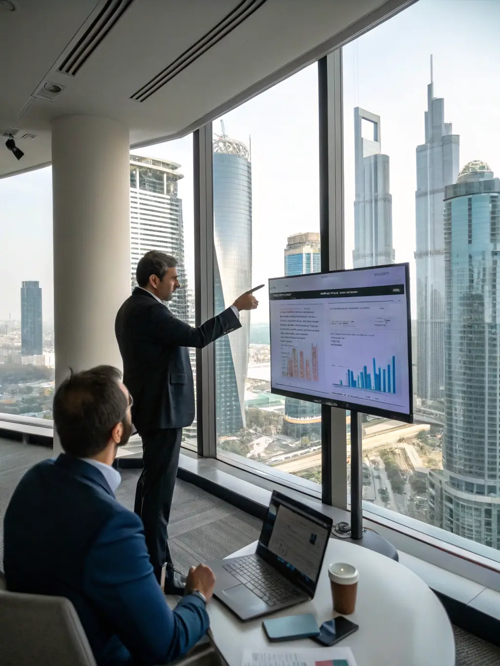 A consultant presenting a dashboard showcasing AI-driven insights and performance metrics to a client, highlighting the tangible benefits of AI adoption. The image should convey results and value.