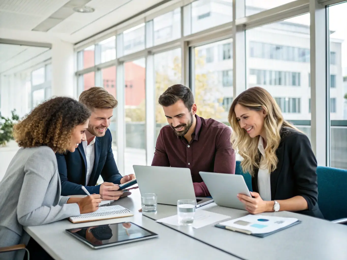 A photograph depicting a diverse team of professionals (financial advisor, real estate expert, legal counsel) collaborating around a table, reviewing documents and discussing strategies for estate planning and wealth transfer.