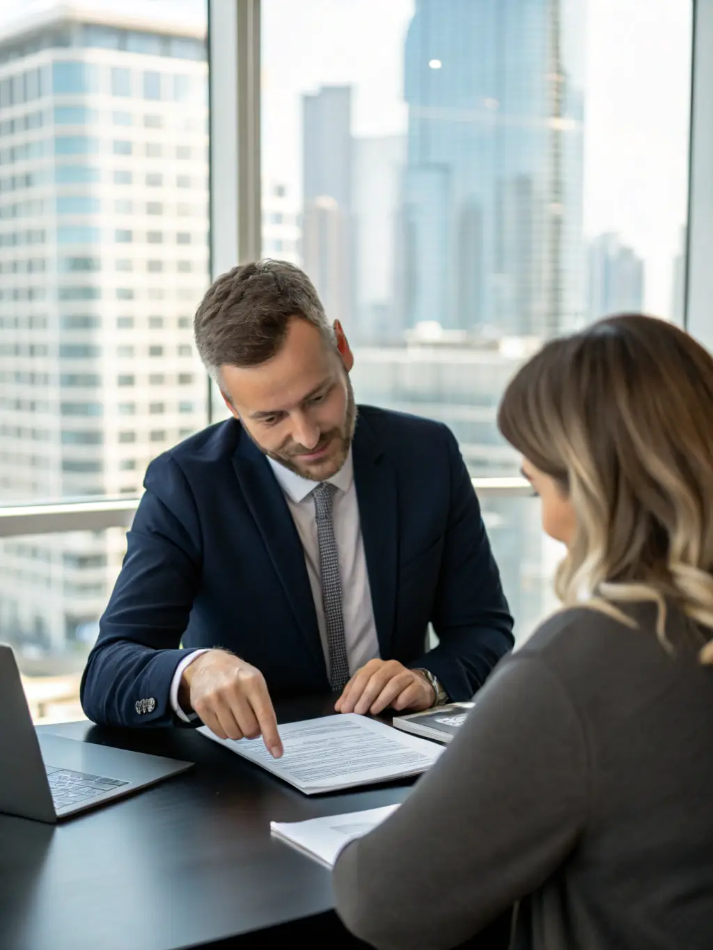A financial advisor using AI-powered portfolio management tools on a desktop computer, with a client reviewing investment performance.