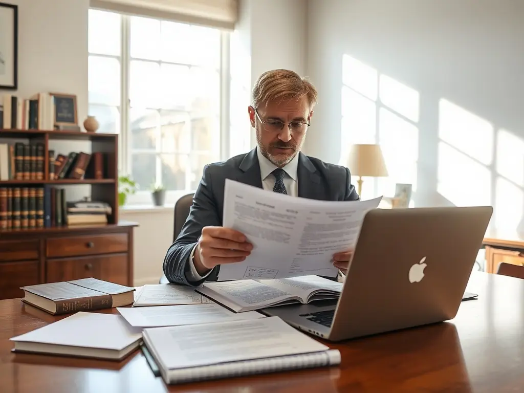 A professional real estate advisor is sitting at a desk, reviewing documents related to probate real estate, with a concerned yet determined expression, symbolizing the careful evaluation and planning involved in protecting estate value.