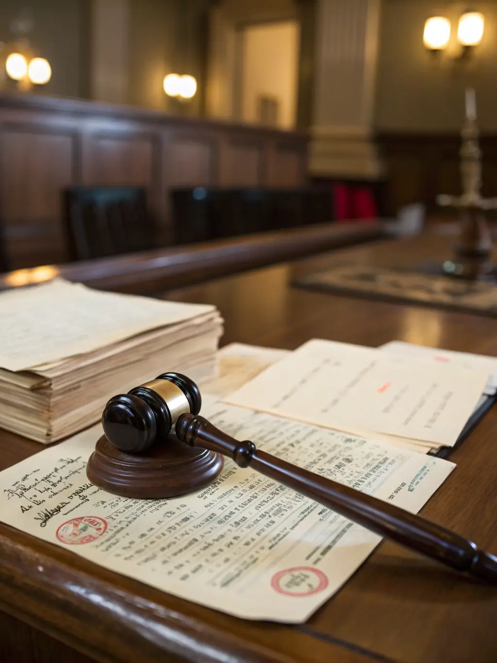 A gavel resting on legal documents related to real estate, symbolizing court-confirmation sales. The image is professional and authoritative.