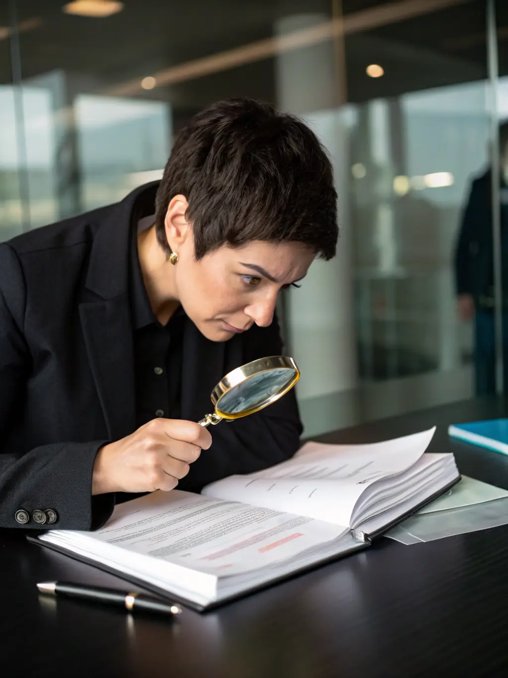 A person reviewing property blueprints with a magnifying glass, symbolizing real estate acquisition support, captured in a well-lit office environment.