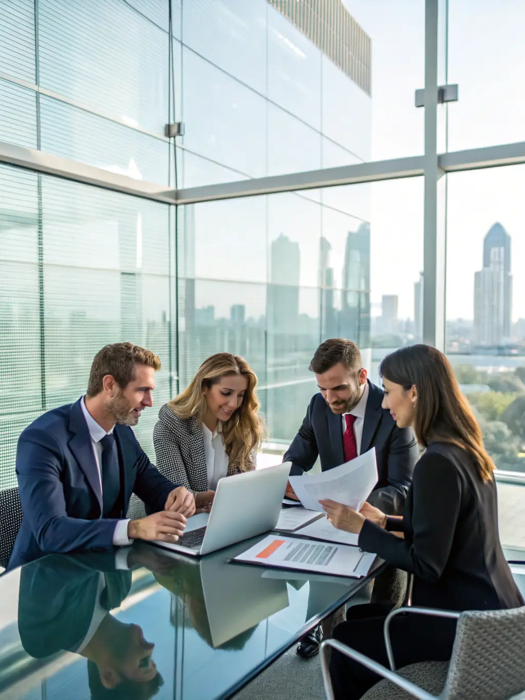 An image of a professional meeting between advisors and investors, emphasizing trust and financial acumen in Manhattan.