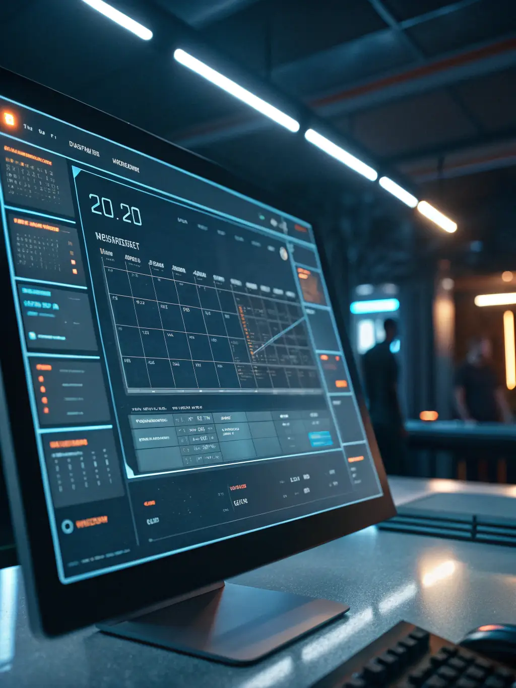 A digital rendering of an AI scheduling system managing appointments across multiple time zones, displayed on a large interactive screen.
