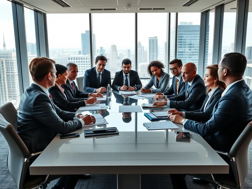 A photograph depicting a diverse group of law firm partners engaged in a strategic planning meeting, reviewing charts and discussing growth strategies in a modern conference room.
