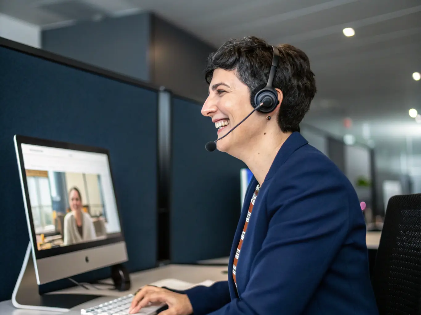 A digital illustration depicting a customer service representative interacting with a customer through various digital channels, highlighting improved communication through AI.
