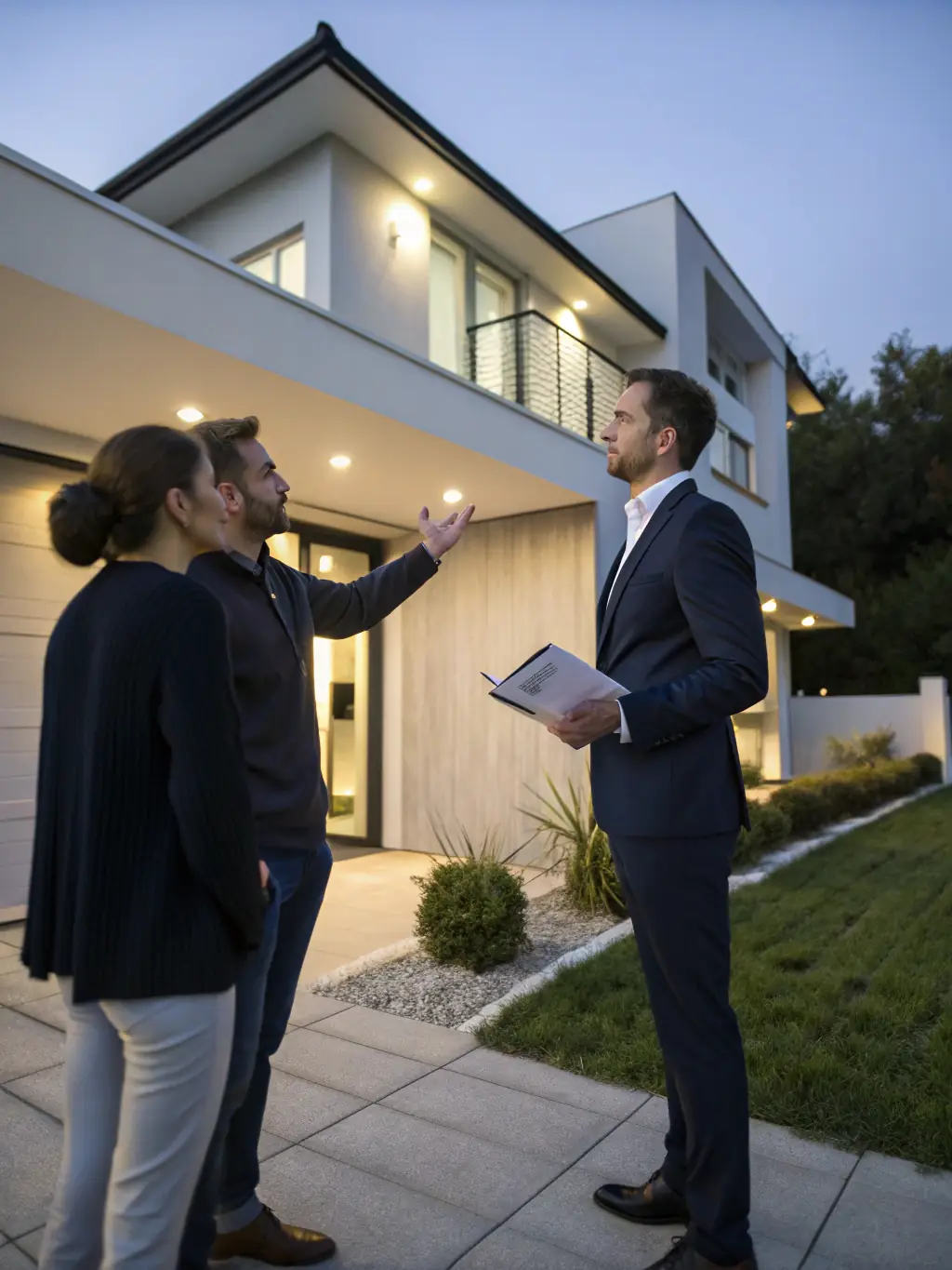 A real estate agent using AI-driven property valuation tools on a tablet, standing in front of a luxury home.