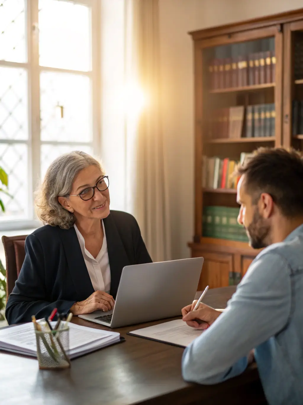 A professional photograph of a consultant reviewing legal documents with a lawyer in a modern office setting, emphasizing collaboration and attention to detail.