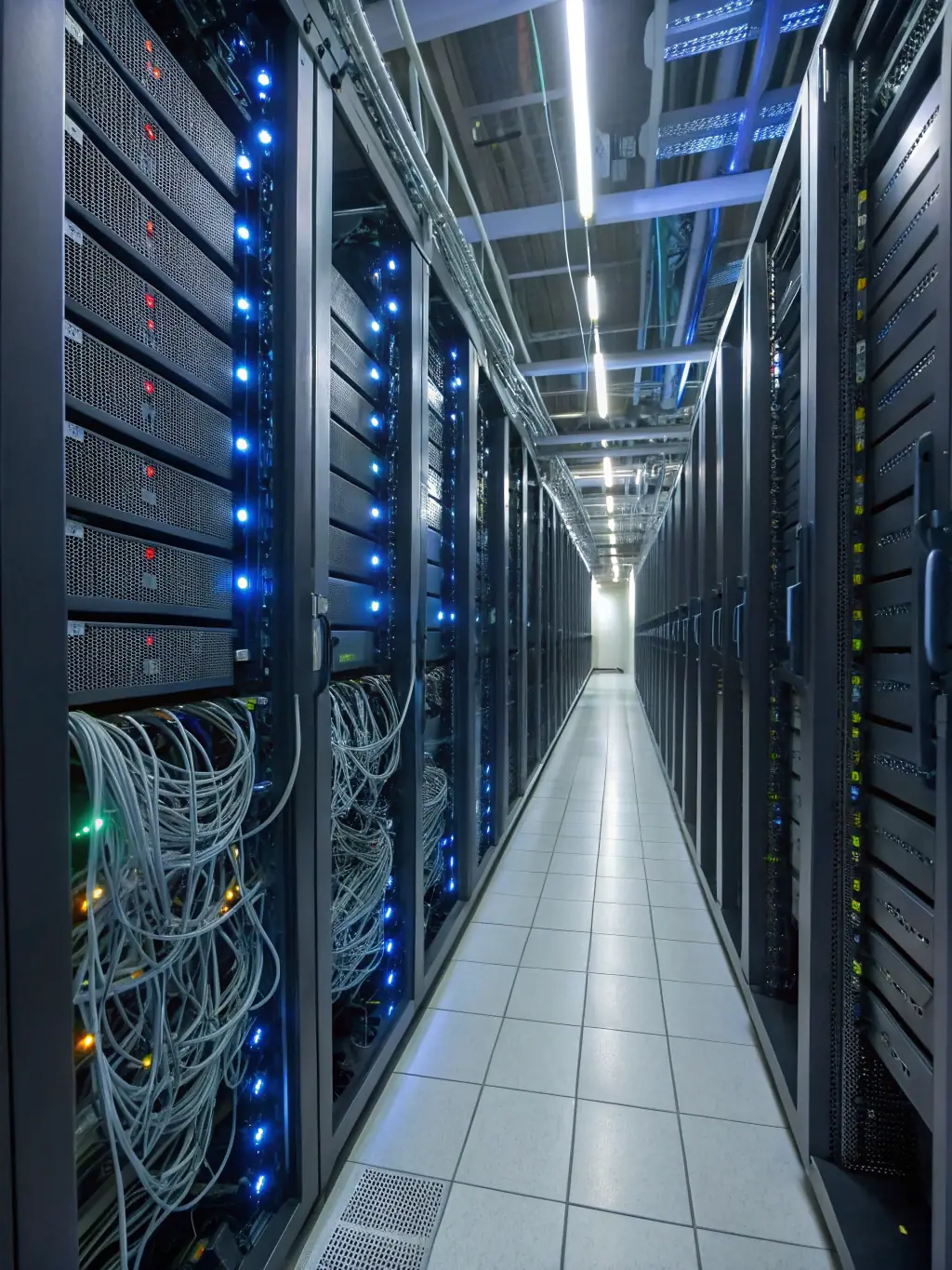A secure data center with glowing servers, symbolizing the protection of sensitive client data through robust AI governance protocols.
