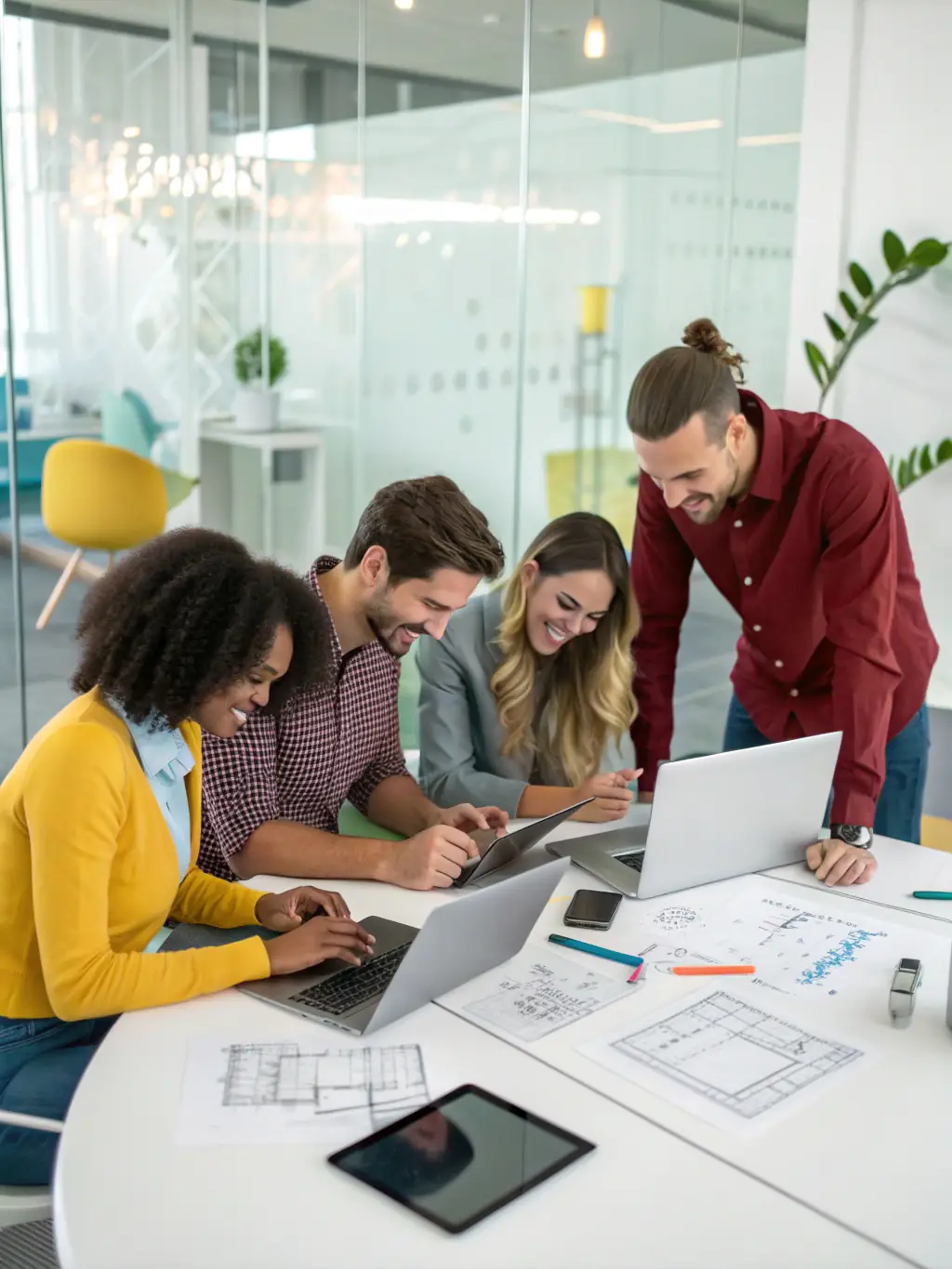 A diverse team collaborating on an AI-powered project management platform, illustrating enhanced efficiency and streamlined workflows.