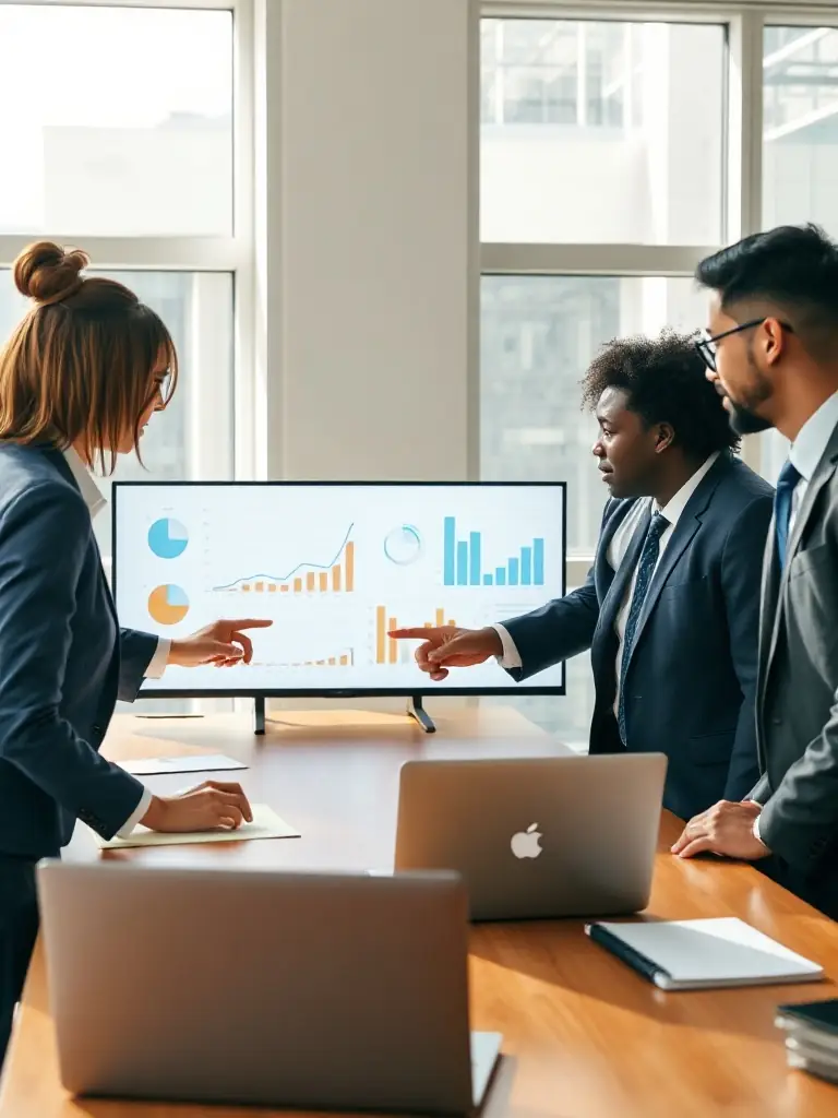 A group of diverse legal professionals engaged in a growth strategy meeting, charts and graphs on a digital screen, collaborative and forward-thinking environment.