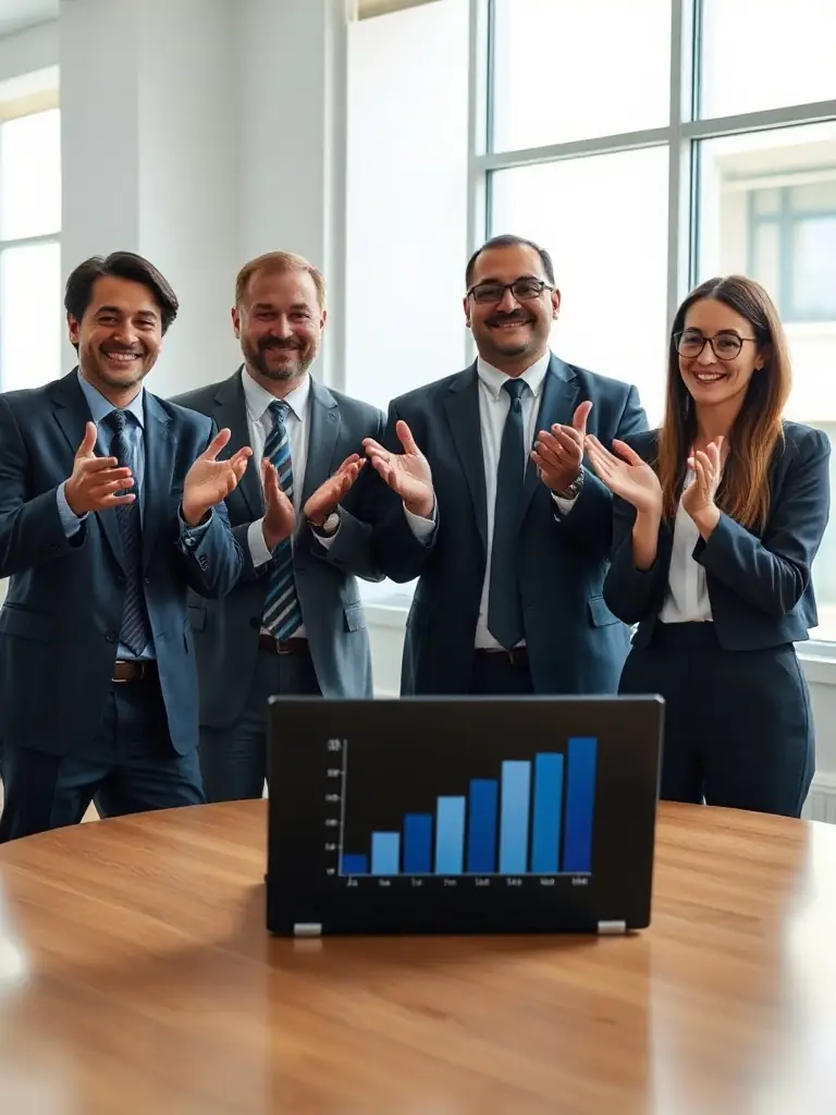 A growing bar graph on a laptop screen, with a law firm team celebrating in the background, illustrating scalable growth and profitability.