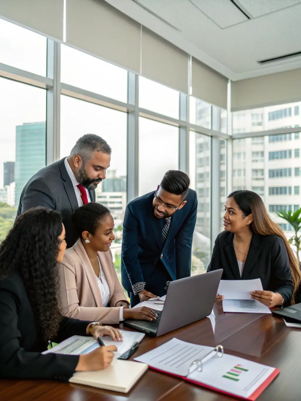 A diverse legal team celebrating a successful project, with visible charts showing improved performance metrics on a digital screen in the background.