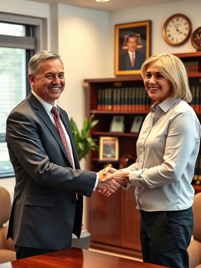 A smiling attorney shaking hands with a satisfied client in a bright office, highlighting the benefit of improved client relationships and retention.